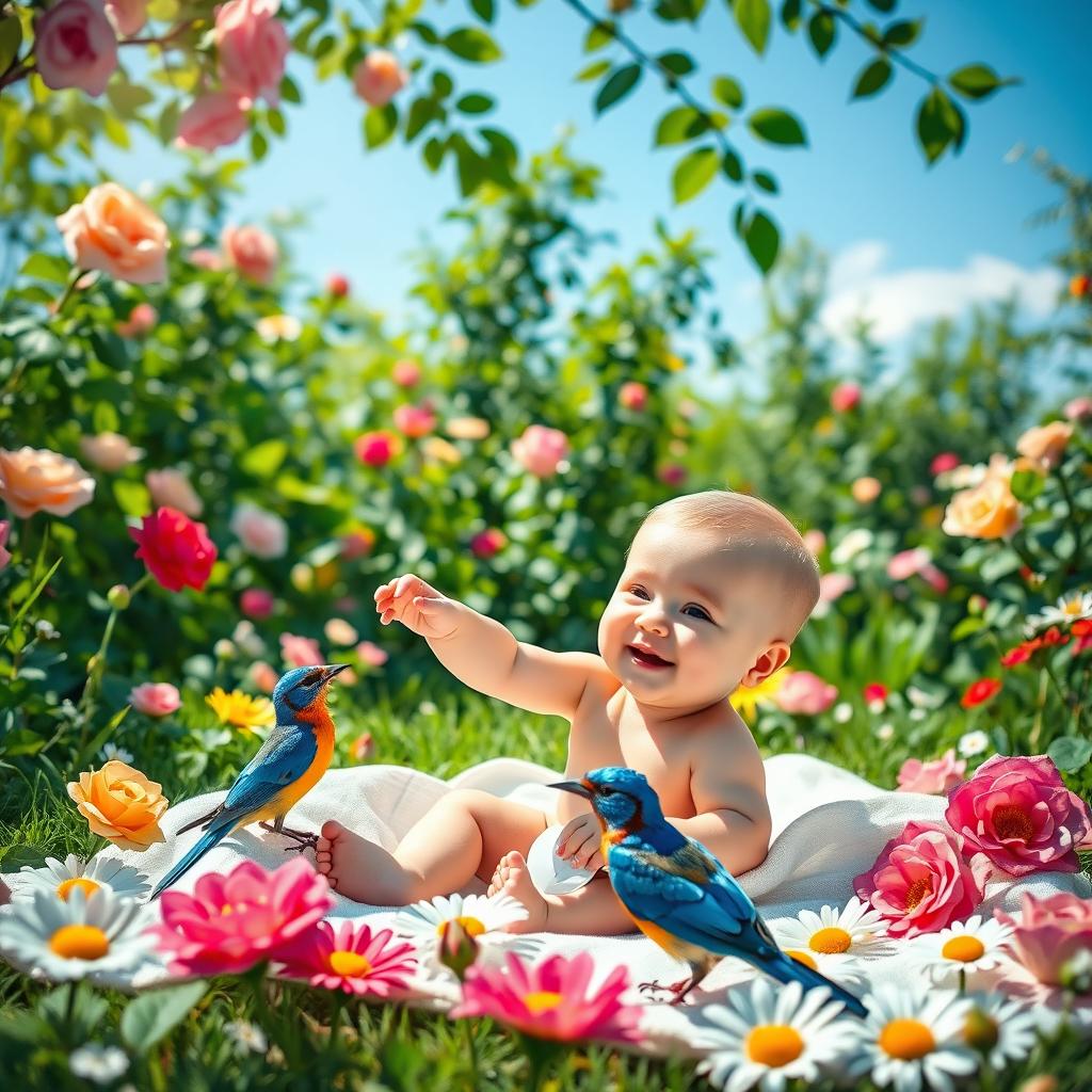 A serene and enchanting scene featuring a baby in a lush garden surrounded by colorful birds