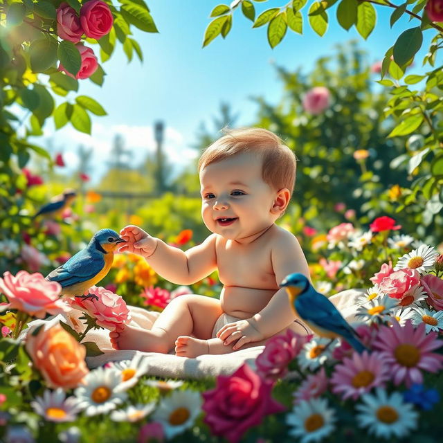 A serene and enchanting scene featuring a baby in a lush garden surrounded by colorful birds