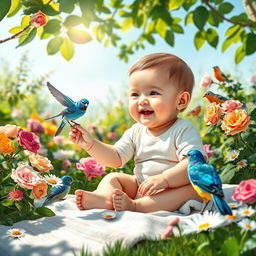 A serene and enchanting scene featuring a baby in a lush garden surrounded by colorful birds