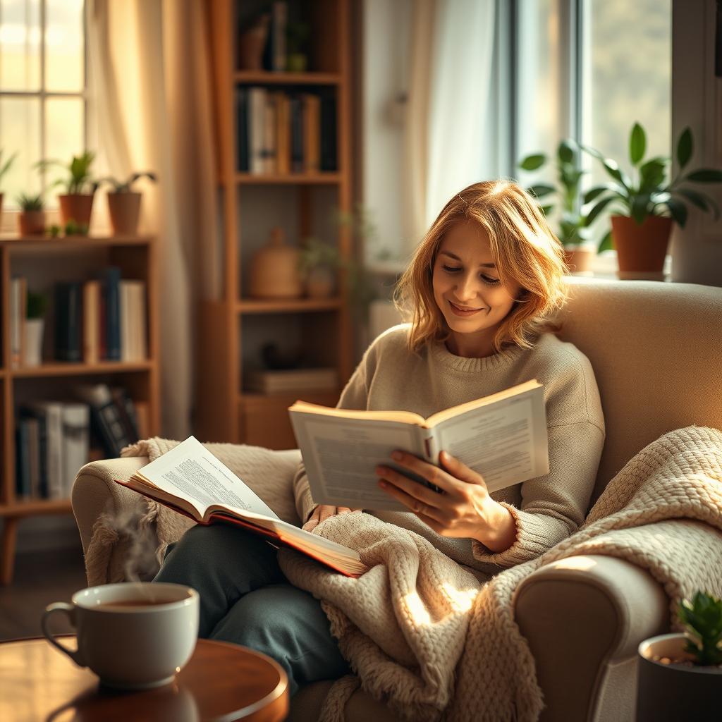 A serene indoor setting featuring a mother deeply immersed in reading a devotional book