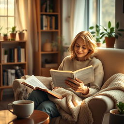 A serene indoor setting featuring a mother deeply immersed in reading a devotional book