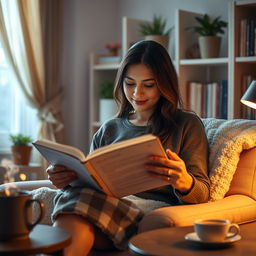 A serene indoor setting featuring a mother deeply immersed in reading a devotional book