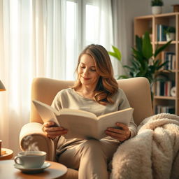 A serene indoor setting featuring a mother deeply immersed in reading a devotional book