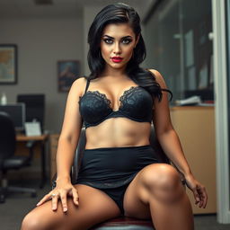 A sultry, sexy scene in an office setting, viewed from the other side of the room