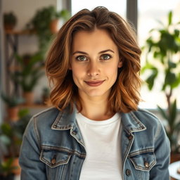 A self-portrait of a confident individual with medium length wavy brown hair and expressive green eyes