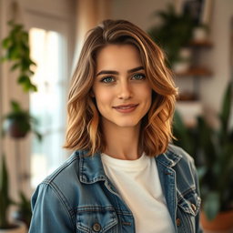 A self-portrait of a confident individual with medium length wavy brown hair and expressive green eyes