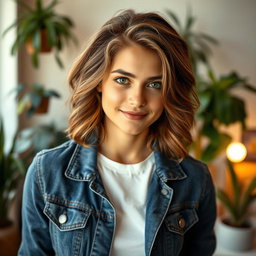 A self-portrait of a confident individual with medium length wavy brown hair and expressive green eyes