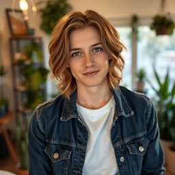 A self-portrait of a confident individual with medium length wavy brown hair and expressive green eyes