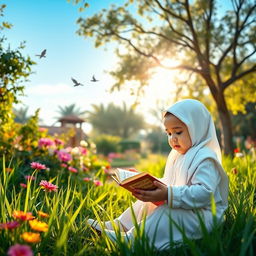 A serene and enchanting garden scene featuring a beautiful Islamic baby, peacefully reciting the Quran