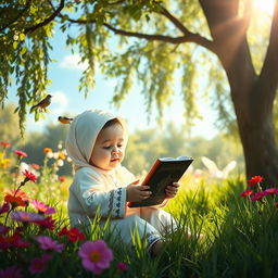 A serene and enchanting garden scene featuring a beautiful Islamic baby, peacefully reciting the Quran