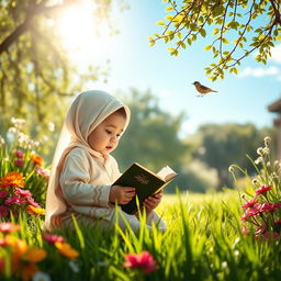 A serene and enchanting garden scene featuring a beautiful Islamic baby, peacefully reciting the Quran