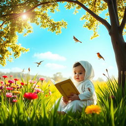 A serene and enchanting garden scene featuring a beautiful Islamic baby, peacefully reciting the Quran