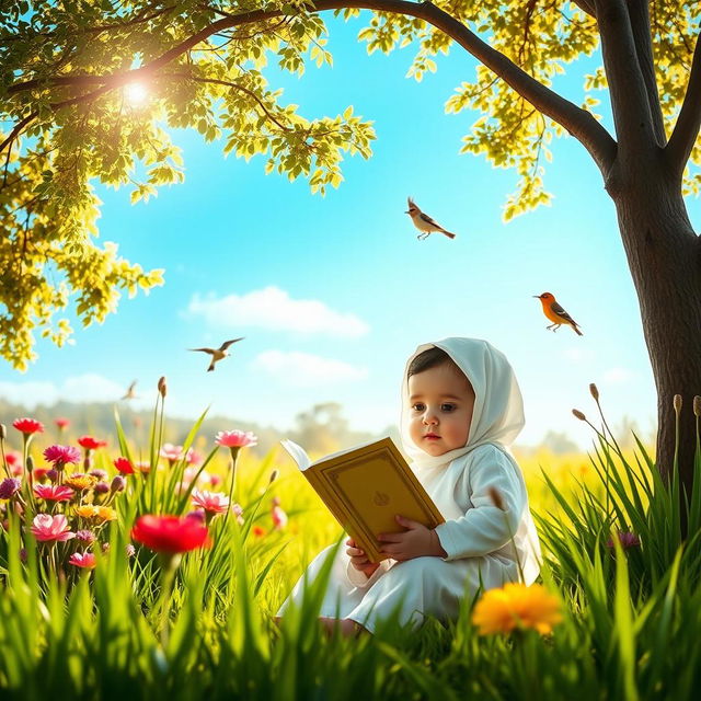 A serene and enchanting garden scene featuring a beautiful Islamic baby, peacefully reciting the Quran