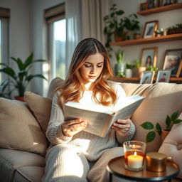 A serene and warm scene of a mother reading a devotional book in a cozy living room