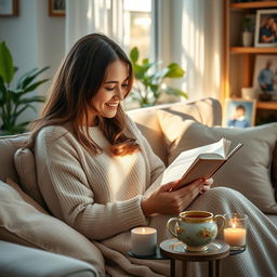 A serene and warm scene of a mother reading a devotional book in a cozy living room