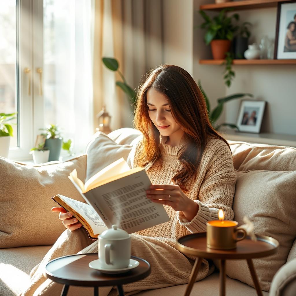 A serene and warm scene of a mother reading a devotional book in a cozy living room