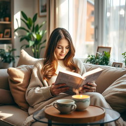 A serene and warm scene of a mother reading a devotional book in a cozy living room