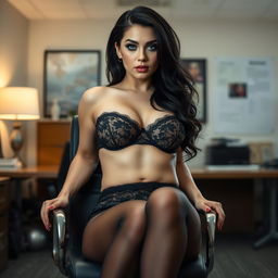 A seductive scene in an office setting, captured from the other side of the room