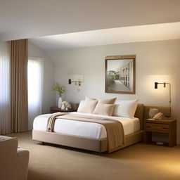 A remodeled, well-lit bedroom with modern furniture and tasteful, comfortable decor.