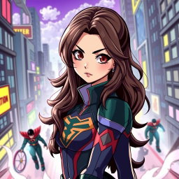 A female superhero character inspired by My Hero Academia, featuring long, dark brown wavy hair cascading down her back and dark brown expressive eyes