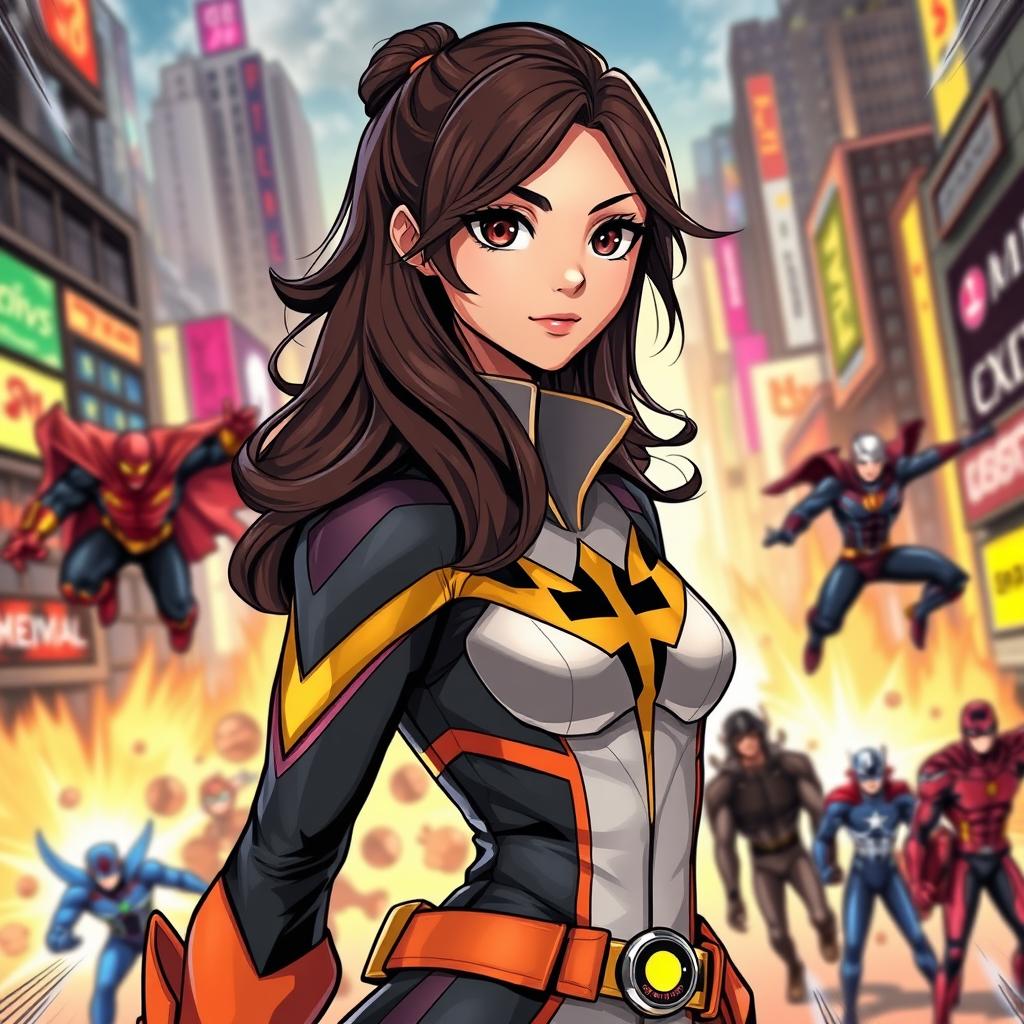A female superhero character inspired by My Hero Academia, featuring long, dark brown wavy hair cascading down her back and dark brown expressive eyes