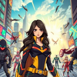 A female superhero character inspired by My Hero Academia, featuring long, dark brown wavy hair cascading down her back and dark brown expressive eyes