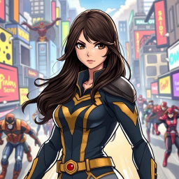 A female superhero character inspired by My Hero Academia, featuring long, dark brown wavy hair cascading down her back and dark brown expressive eyes