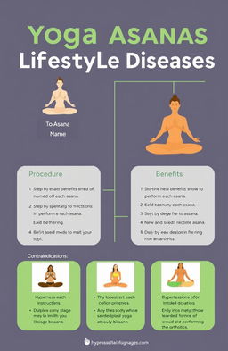 Create an educational infographic detailing the procedure for performing two yoga asanas for various lifestyle diseases