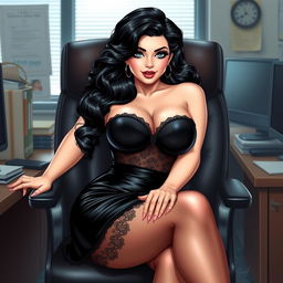 A Pin-Up style illustration of a sexy, beautiful, curvy 19-year-old woman with pale skin, thick black hair styled in classic waves, and striking crystal blue cat eyes enhanced with dark frosted blue eye shadow, thick black eyeliner, and long eyelashes
