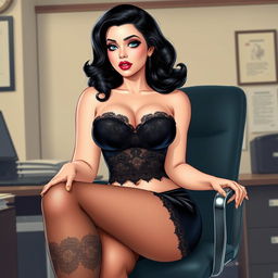 A Pin-Up style illustration of a sexy, beautiful, curvy 19-year-old woman with pale skin, thick black hair styled in classic waves, and striking crystal blue cat eyes enhanced with dark frosted blue eye shadow, thick black eyeliner, and long eyelashes