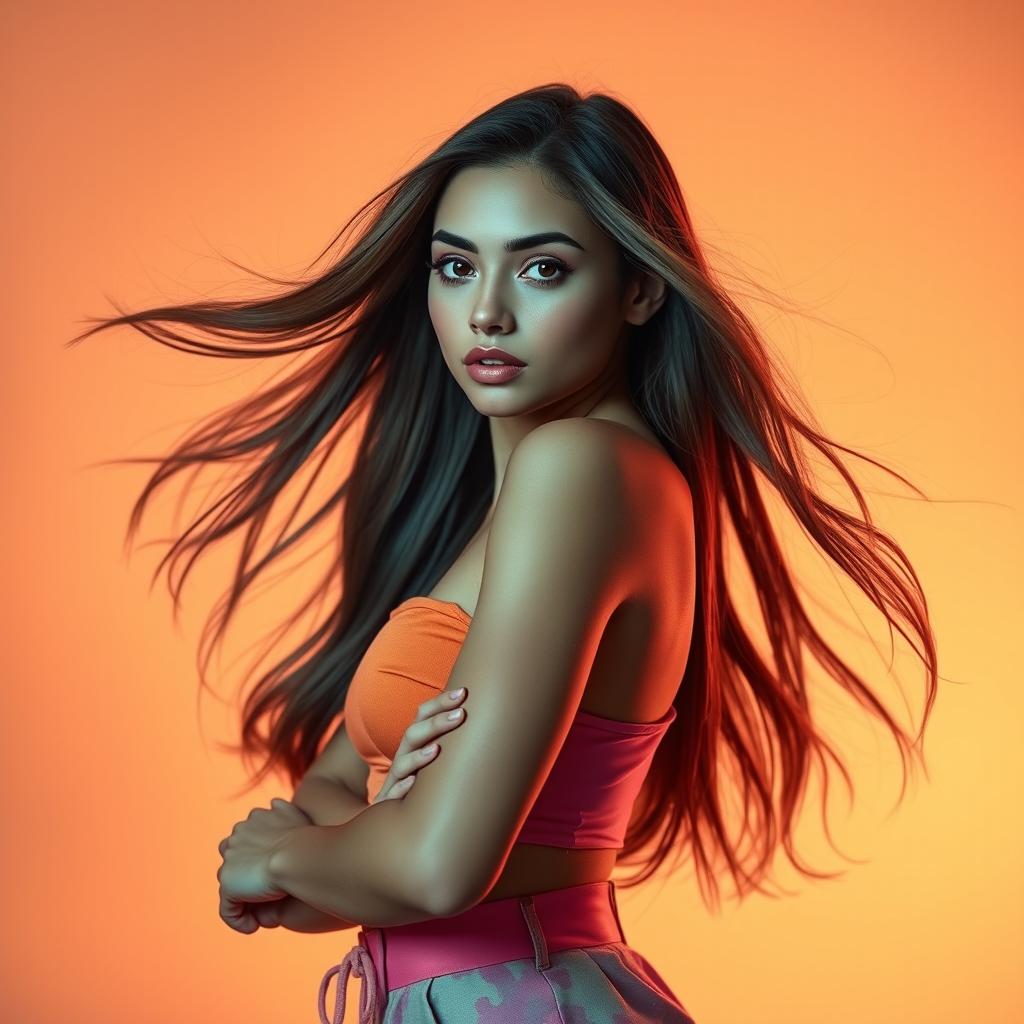 A stunning portrait of a confident young woman, gracefully posed from full to half body