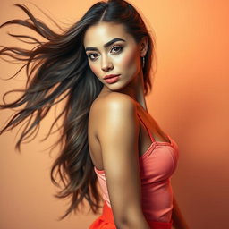 A stunning portrait of a confident young woman, gracefully posed from full to half body