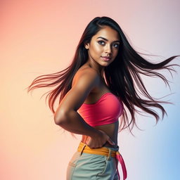 A stunning portrait of a confident young woman, gracefully posed from full to half body