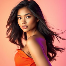 A stunning portrait of a confident young woman, gracefully posed from full to half body