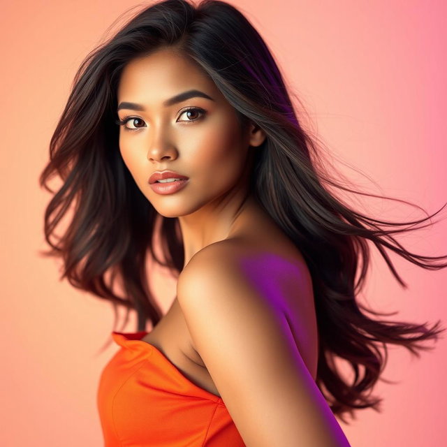 A stunning portrait of a confident young woman, gracefully posed from full to half body