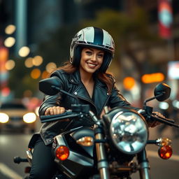 A vibrant street scene showcasing a person riding a powerful motorcycle