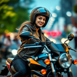 A vibrant street scene showcasing a person riding a powerful motorcycle