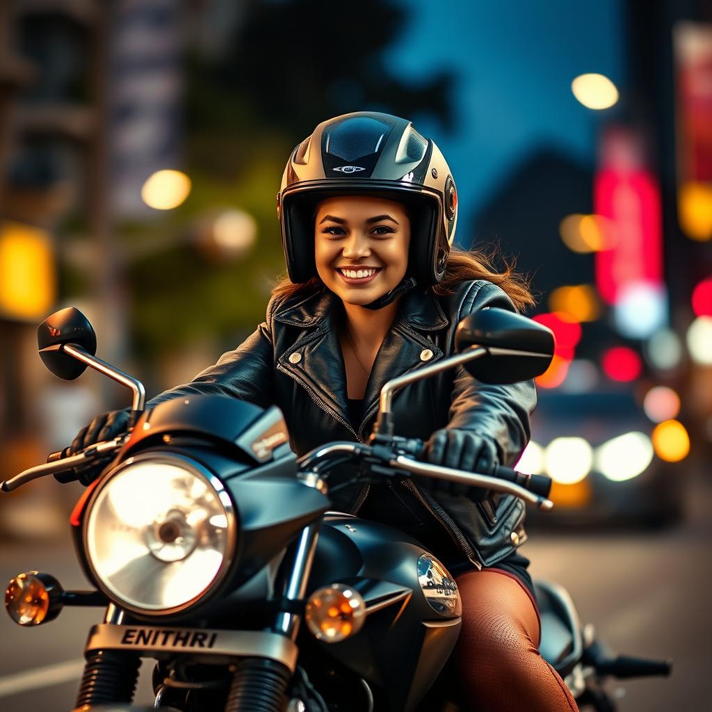 A vibrant street scene showcasing a person riding a powerful motorcycle