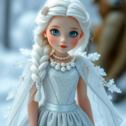 A magical girl wearing a shimmering silver dress adorned with pearls, complemented by a sparkling snow-white cloak embellished with snow crystals