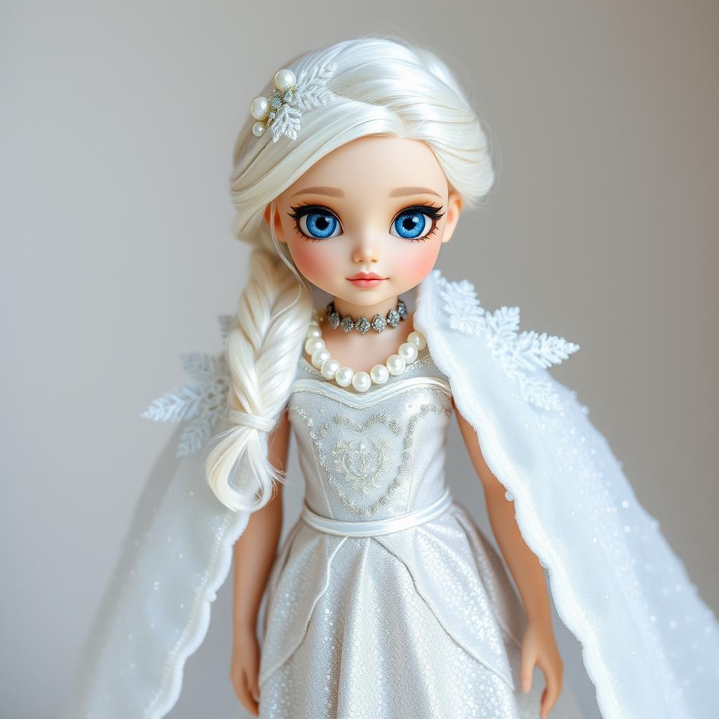 A magical girl wearing a shimmering silver dress adorned with pearls, complemented by a sparkling snow-white cloak embellished with snow crystals