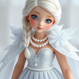 A magical girl wearing a shimmering silver dress adorned with pearls, complemented by a sparkling snow-white cloak embellished with snow crystals
