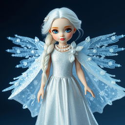 A magical girl wearing a shimmering silver dress adorned with pearls, complemented by a sparkling snow-white cloak embellished with snow crystals