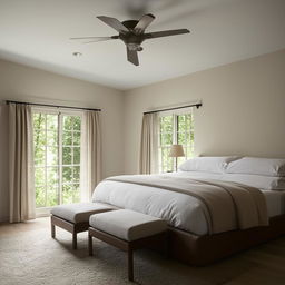 A remodeled, well-lit bedroom with modern furniture and tasteful, comfortable decor.