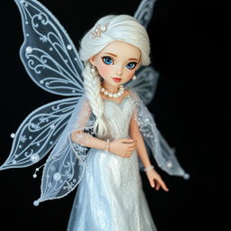 A fairy girl wearing a shimmering silver gown adorned with pearls, complemented by a sparkling snow-white cloak embellished with snow crystals