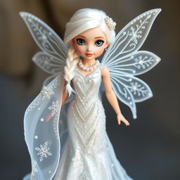 A fairy girl wearing a shimmering silver gown adorned with pearls, complemented by a sparkling snow-white cloak embellished with snow crystals