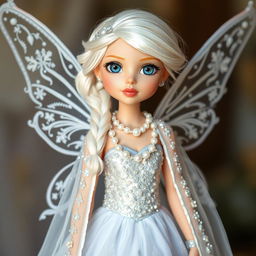 A fairy girl wearing a shimmering silver gown adorned with pearls, complemented by a sparkling snow-white cloak embellished with snow crystals