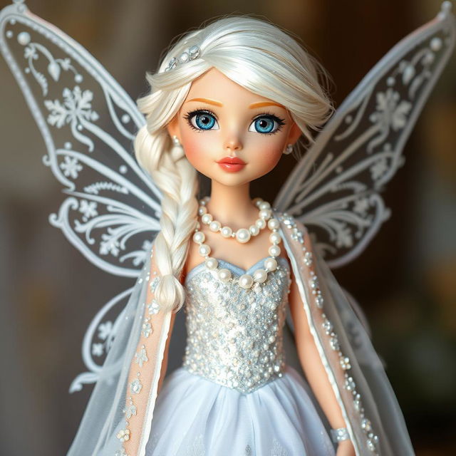 A fairy girl wearing a shimmering silver gown adorned with pearls, complemented by a sparkling snow-white cloak embellished with snow crystals