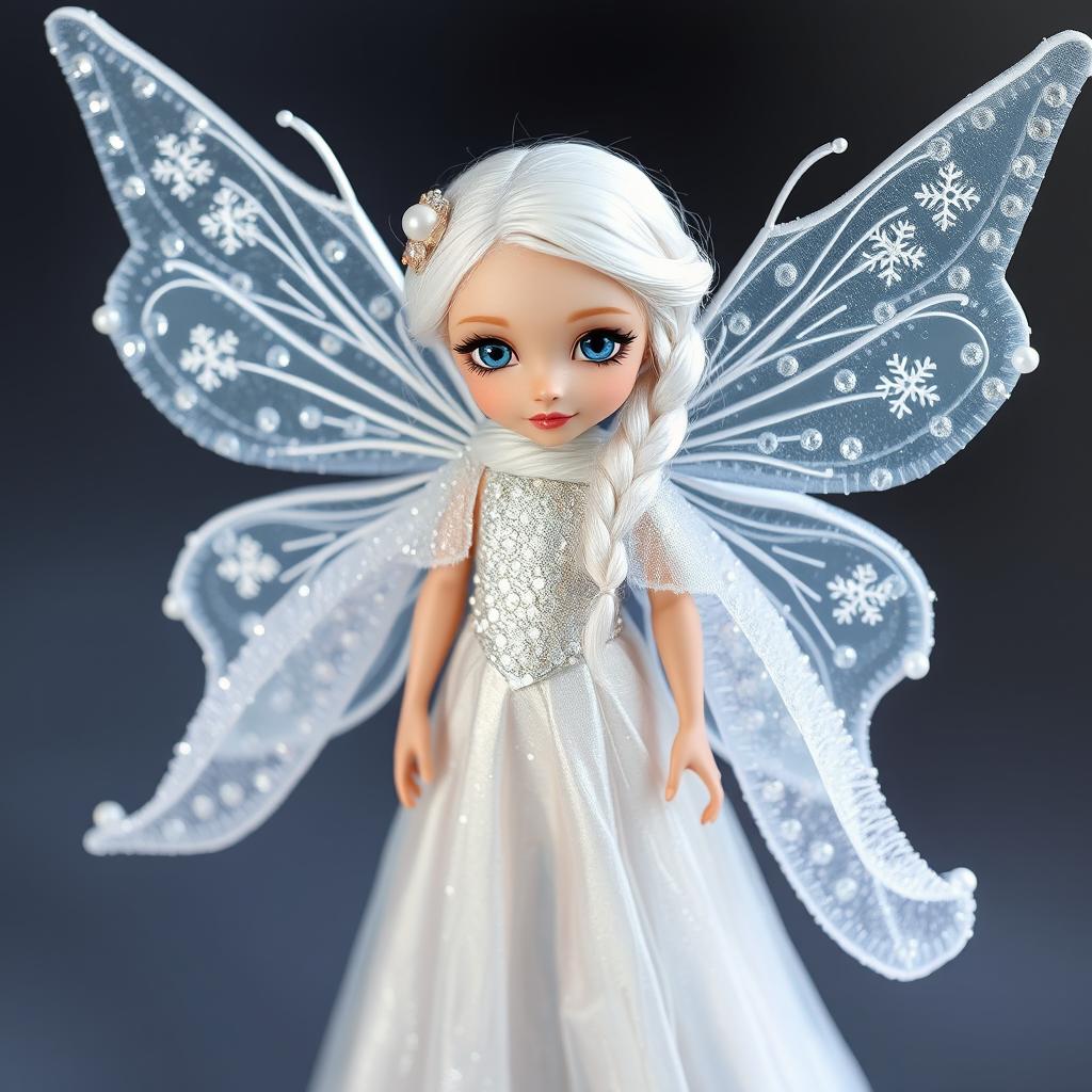 A fairy girl wearing a shimmering silver gown adorned with pearls, complemented by a sparkling snow-white cloak embellished with snow crystals