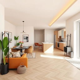 An interior design concept featuring a seamless flow between a living room, dining room, and kitchen in a modern apartment