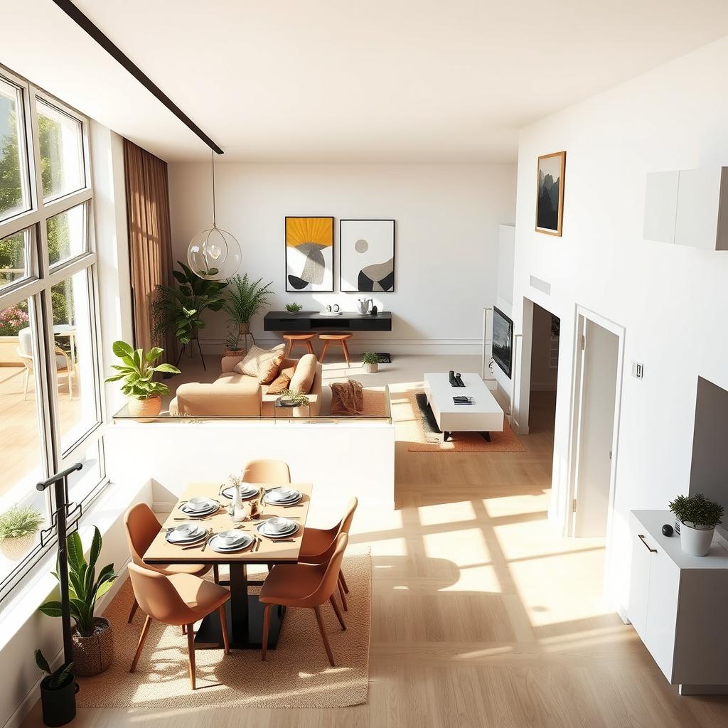 An interior design concept featuring a seamless flow between a living room, dining room, and kitchen in a modern apartment